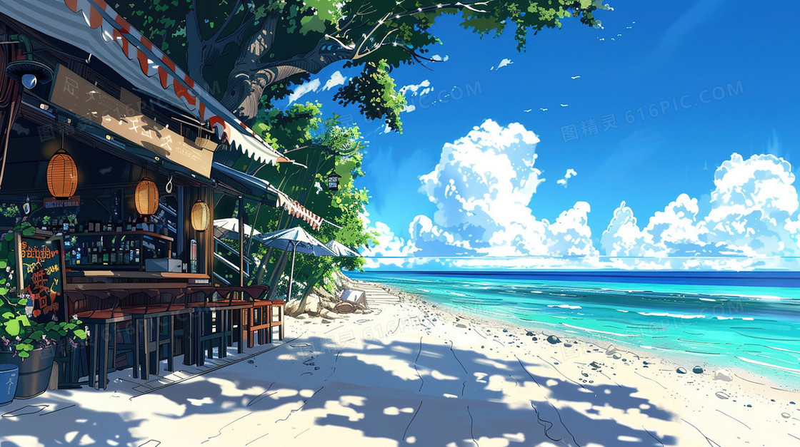夏日海边沙滩店铺风景插画