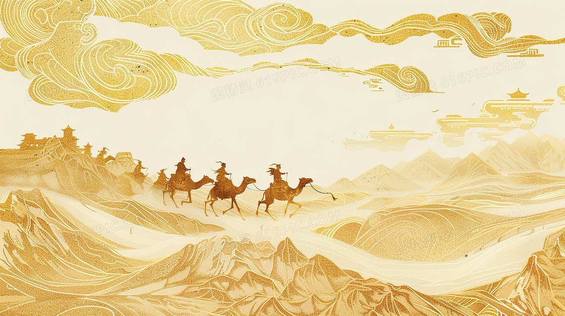 黄色沙漠骆驼丝绸之路插画