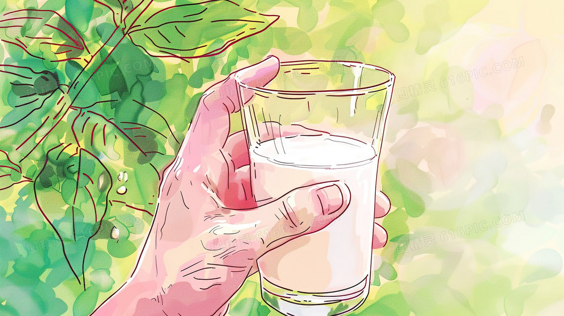 手拿一杯早餐牛奶插画