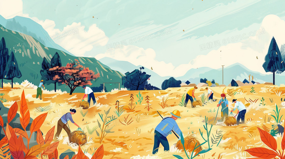 田野中劳动的人们插画
