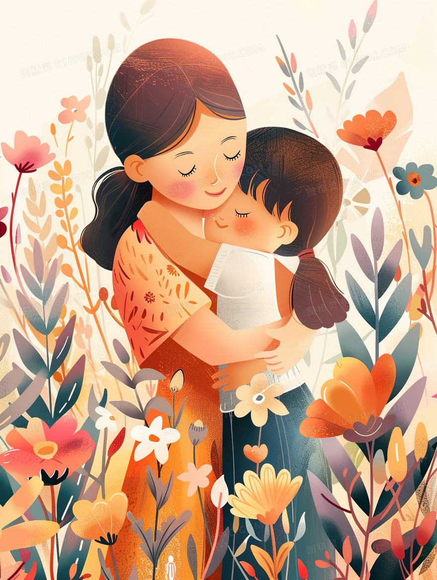 花丛中母亲拥抱孩子插画