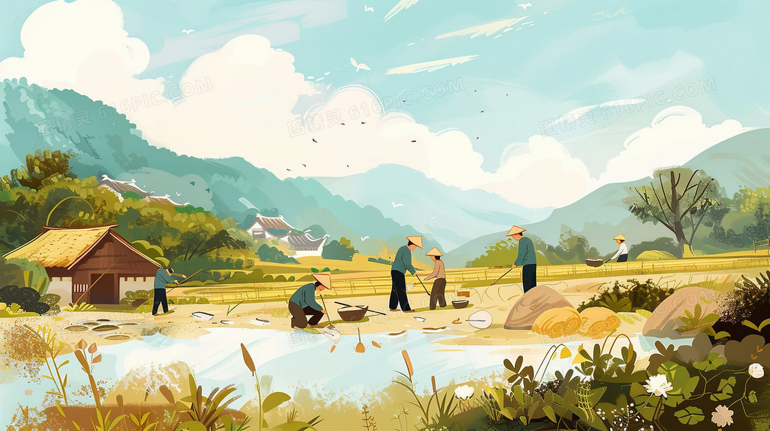 田野中劳动的人们插画