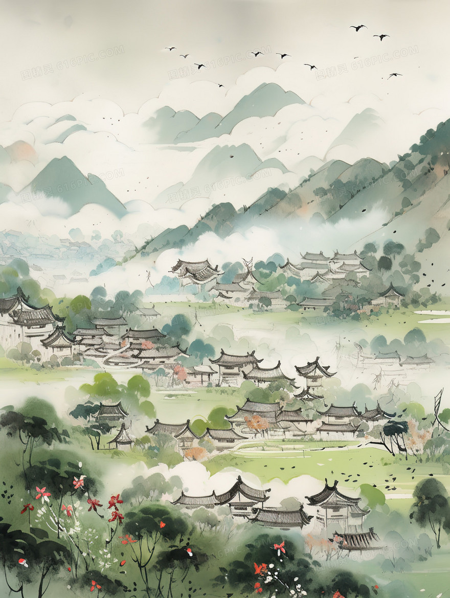 唯美水彩田野乡村风景插画