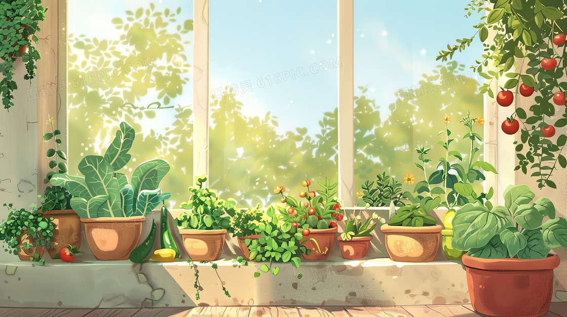 夏日室内窗前绿植风景插画