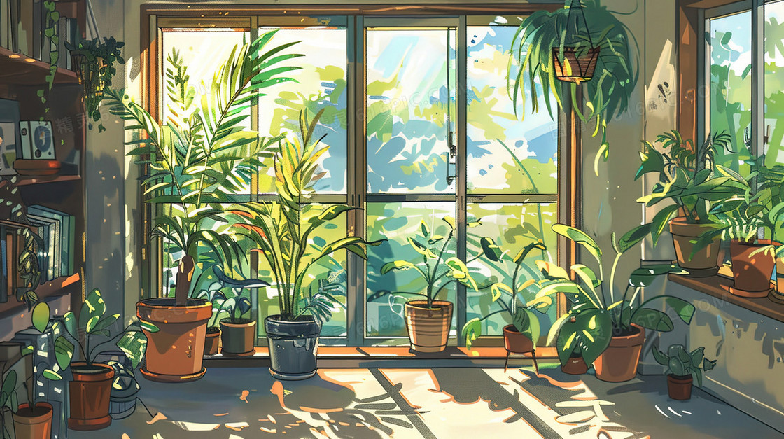 室内窗前绿植插画