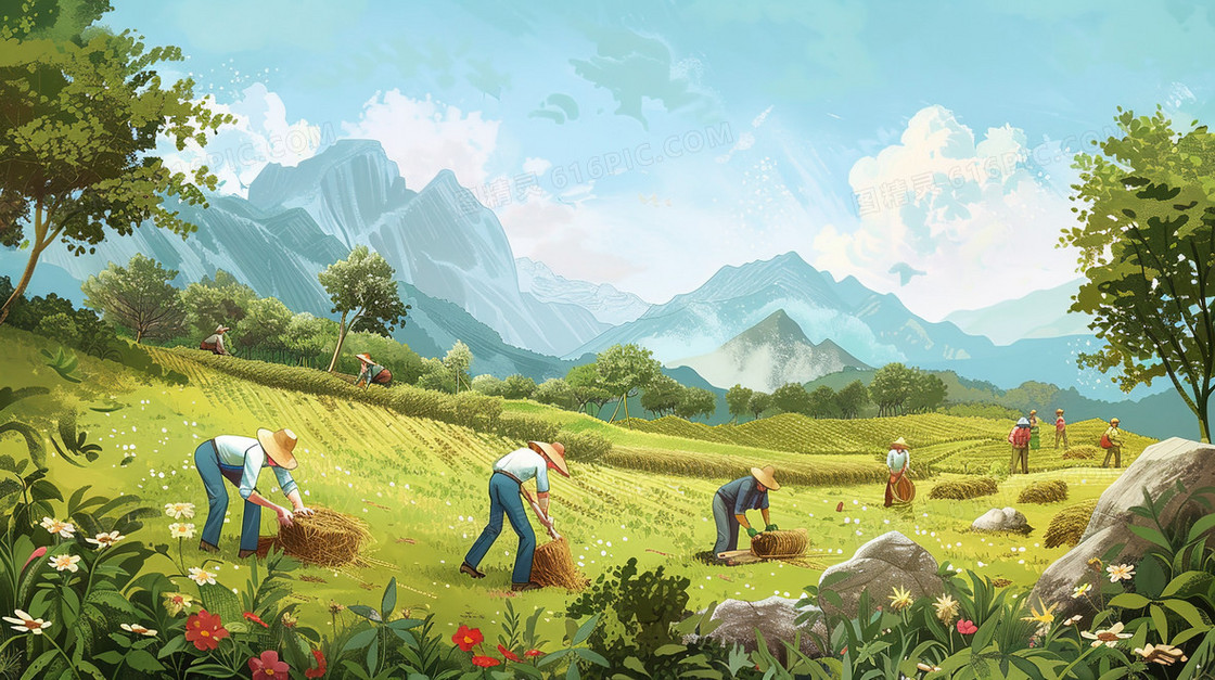 田野中劳动的人们插画