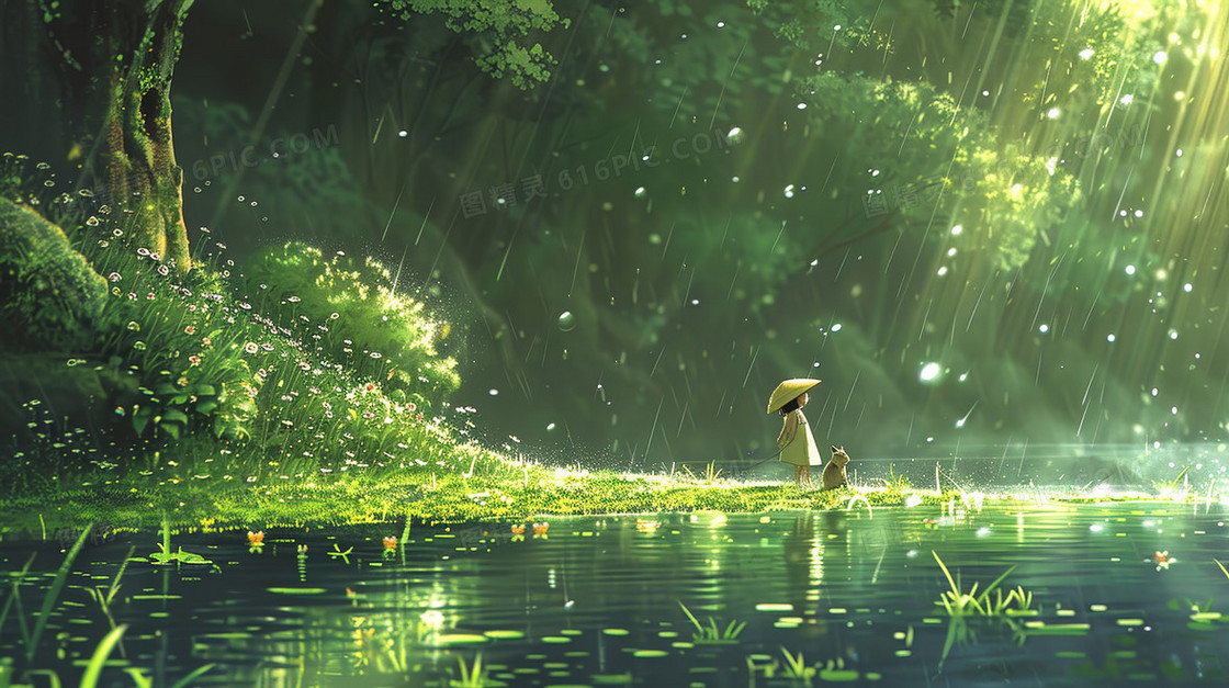 雨中的松鼠和小女孩插画