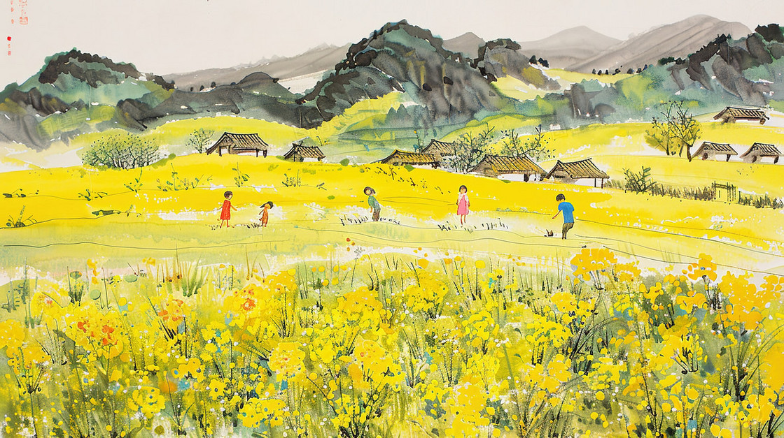唯美油菜花田野风景插画
