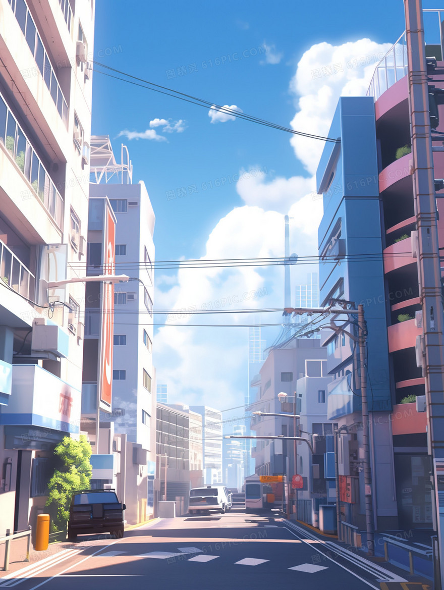 蓝天白云街道两旁建筑插画