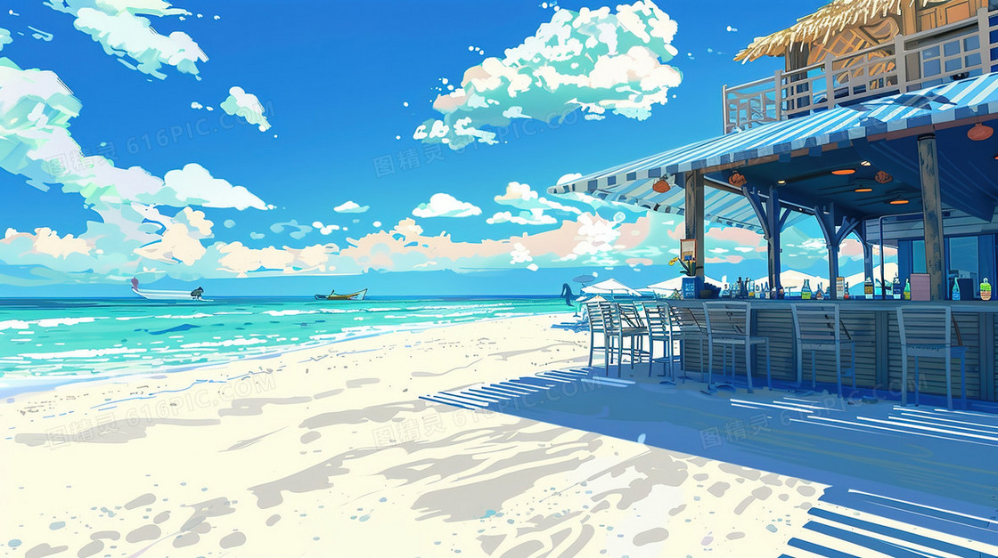 夏日海边沙滩店铺风景插画
