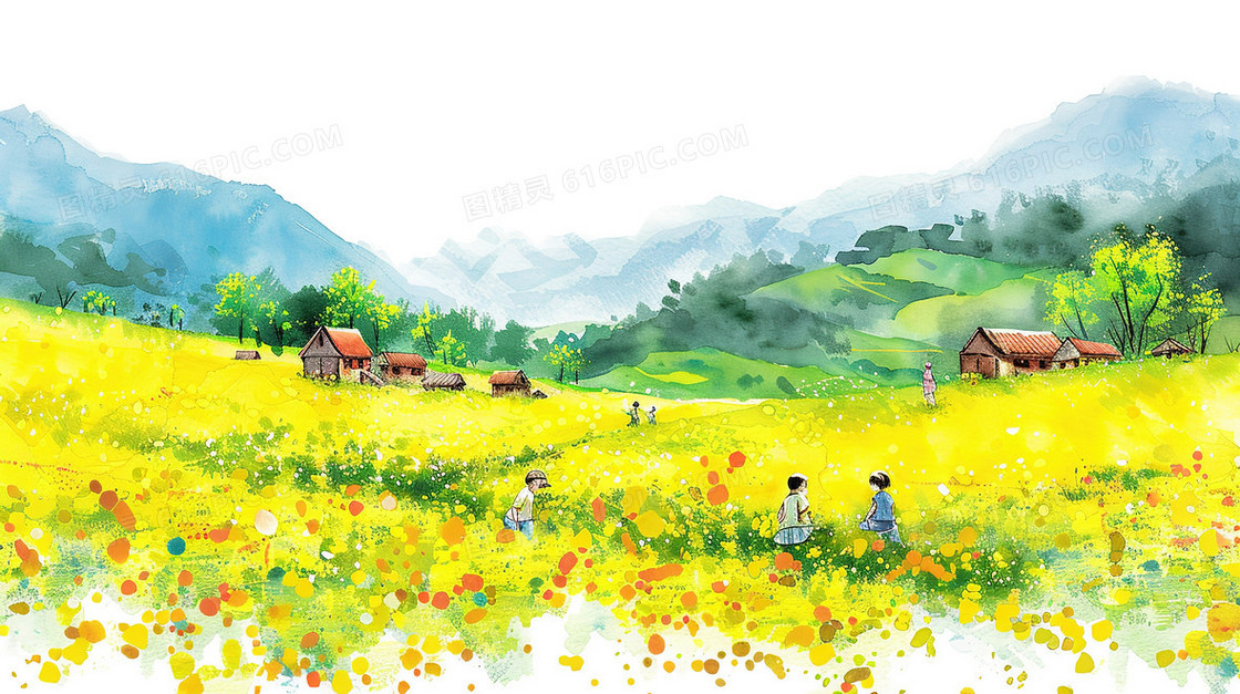 唯美油菜花田野风景插画