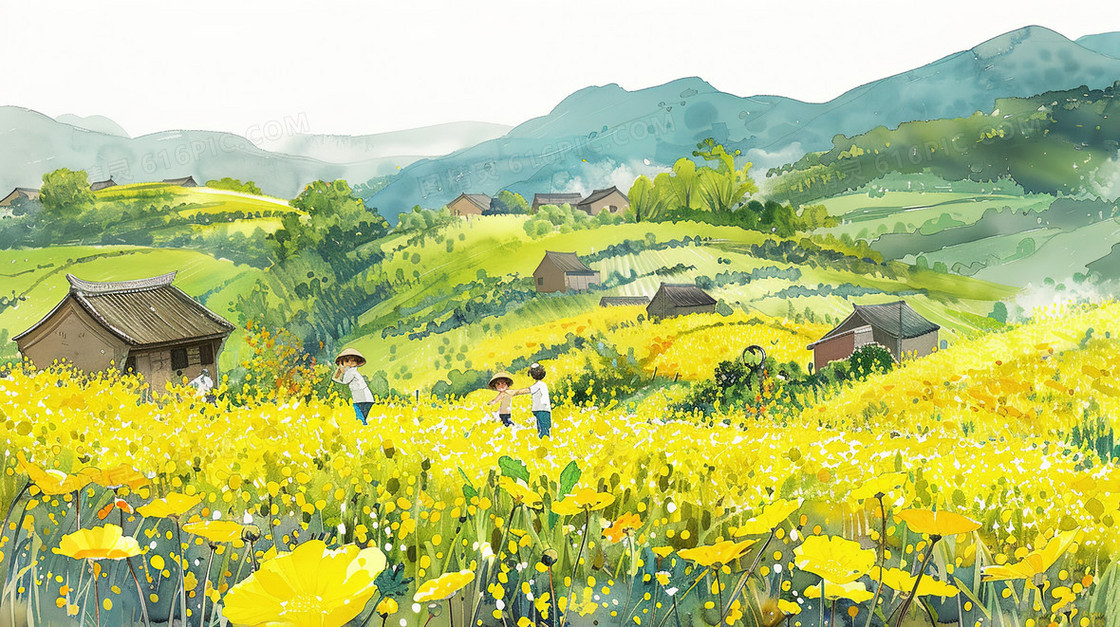 唯美油菜花田野风景插画