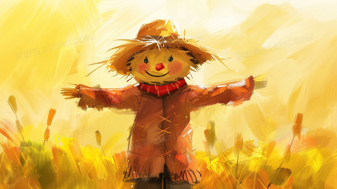 小满手绘水彩风稻草人插画