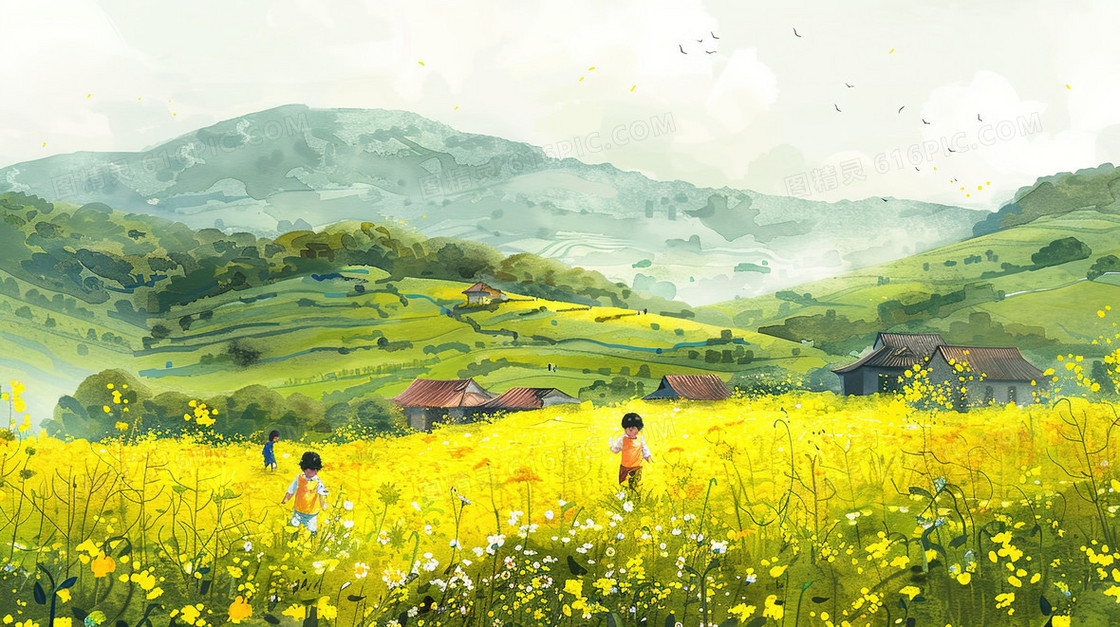 唯美油菜花田野风景插画