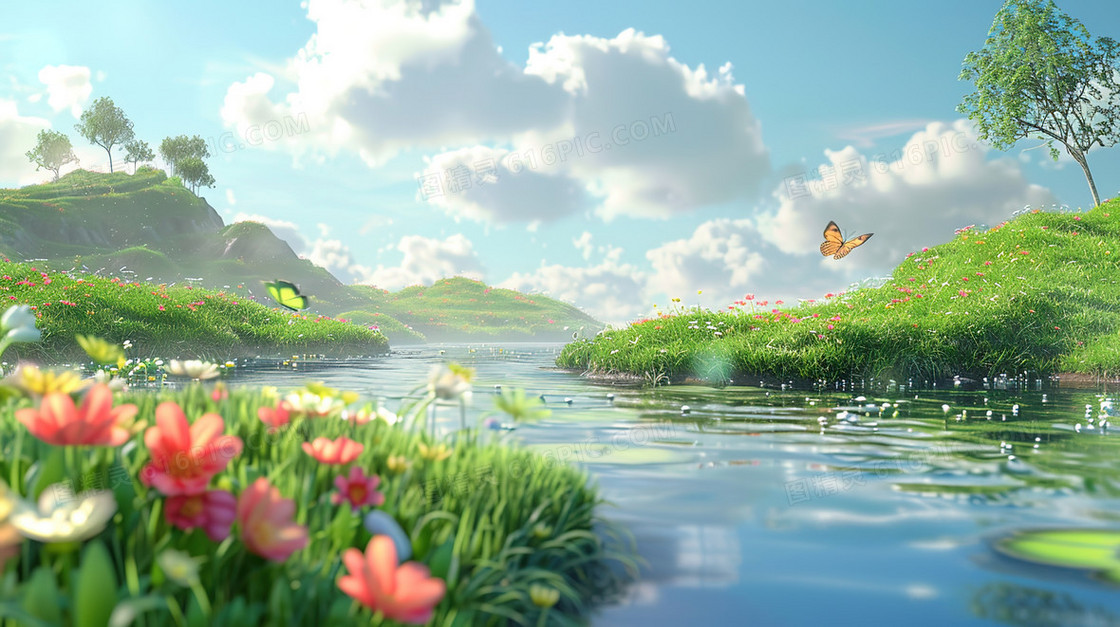 夏天唯美小河田野风景插画