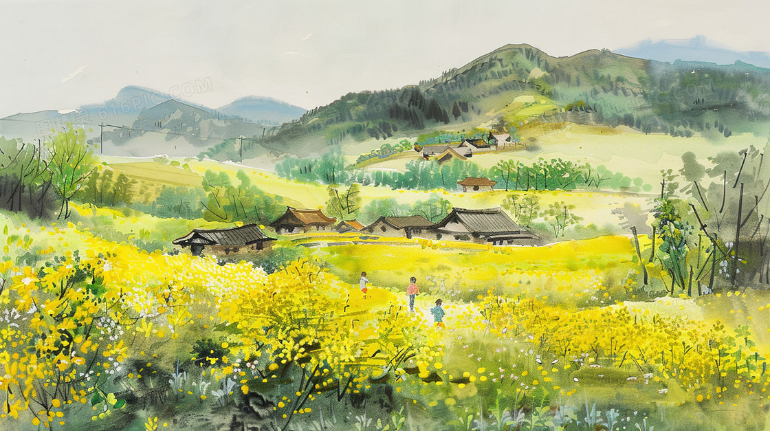 唯美油菜花田野风景插画