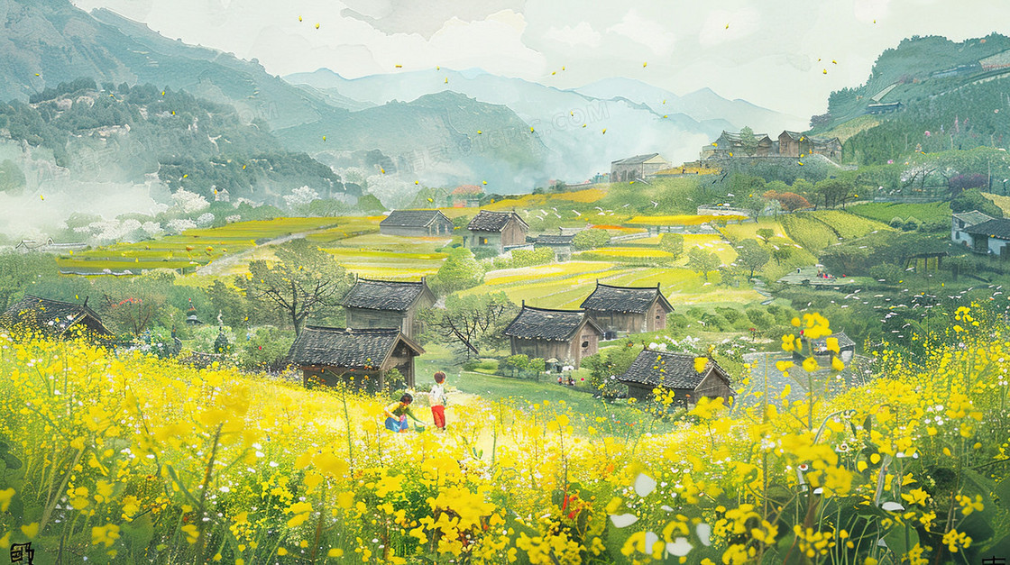 唯美油菜花田野风景插画