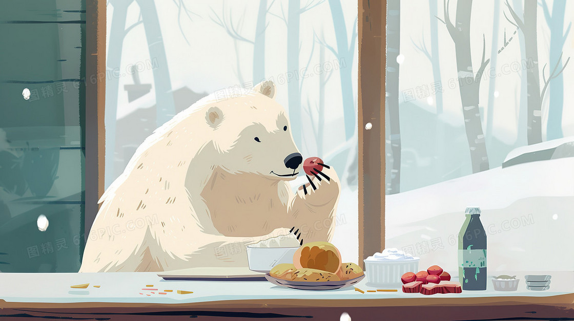 坐在餐桌前吃美食的北极熊插画