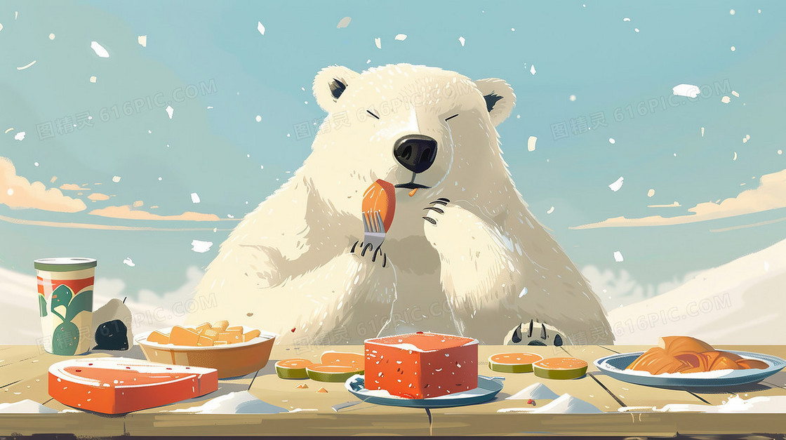 坐在餐桌前吃美食的北极熊插画