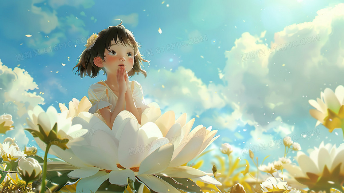 3D坐在鲜花上的小女孩插画