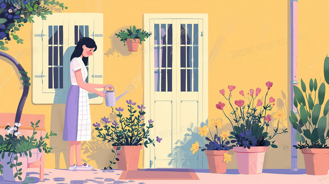 花园里照料盆栽的少女背影插画