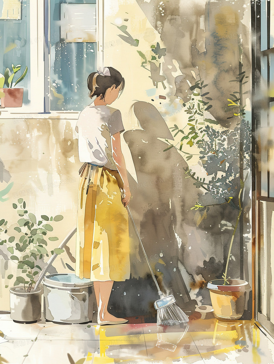 庭院里拿着扫把搞卫生的女生插画