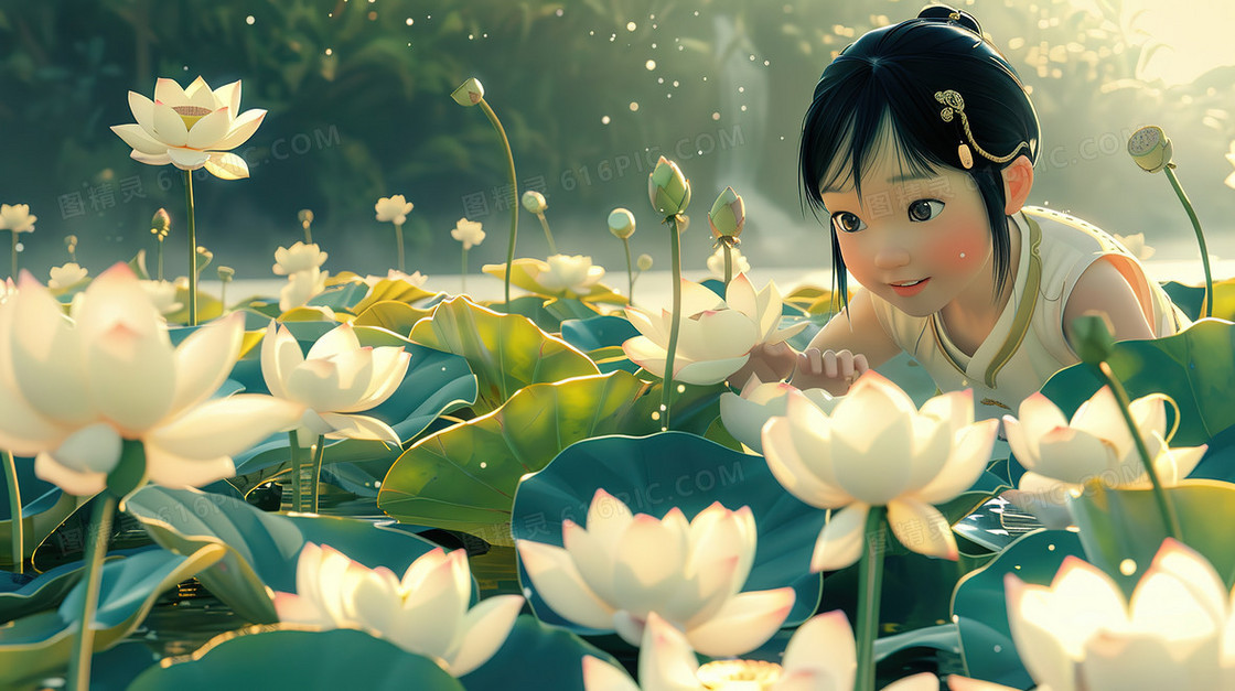 3D荷花池里欣赏荷花的小女孩插画