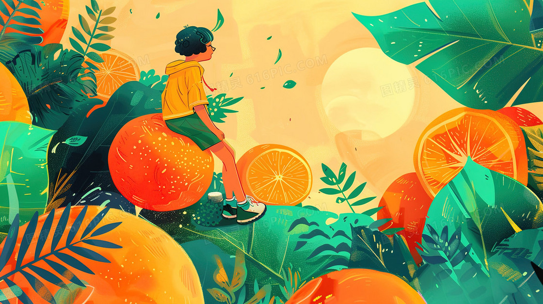 橙色调夏日山野里休息的孩子插画