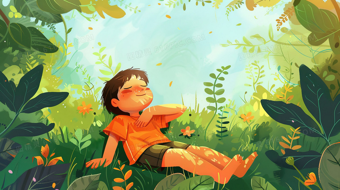 橙色调夏日山野里休息的孩子插画