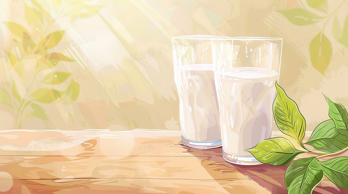 桌面上的一杯早餐牛奶插画