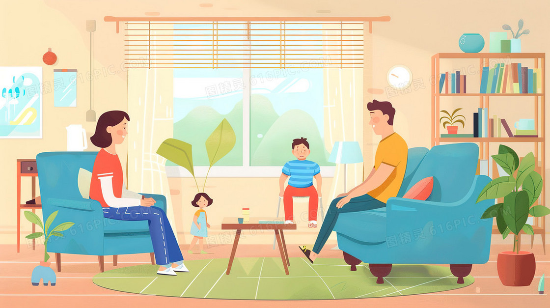 大厅里的坐着的一家四口插画