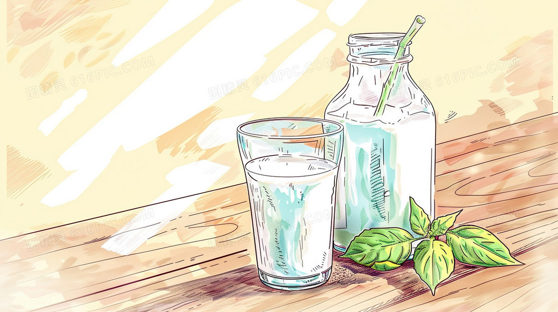 桌面上的一杯早餐牛奶插画