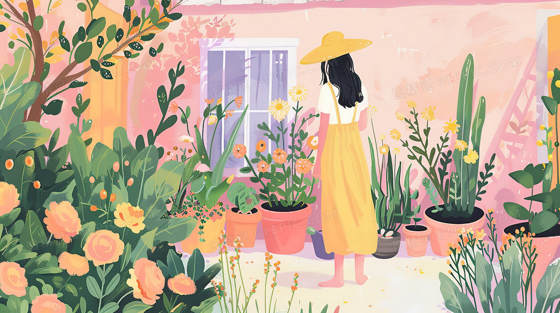 花园里照料盆栽的少女背影插画