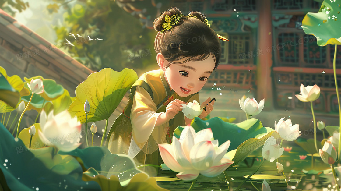 3D荷花池里欣赏荷花的小女孩插画