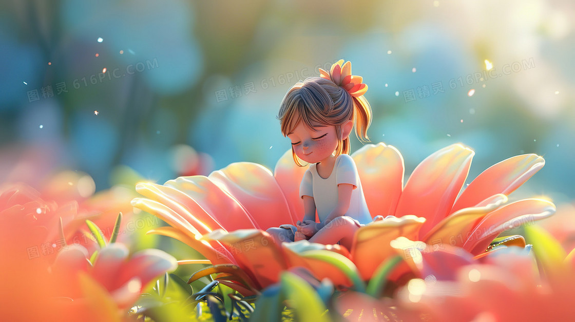 3D坐在鲜花上的小女孩插画