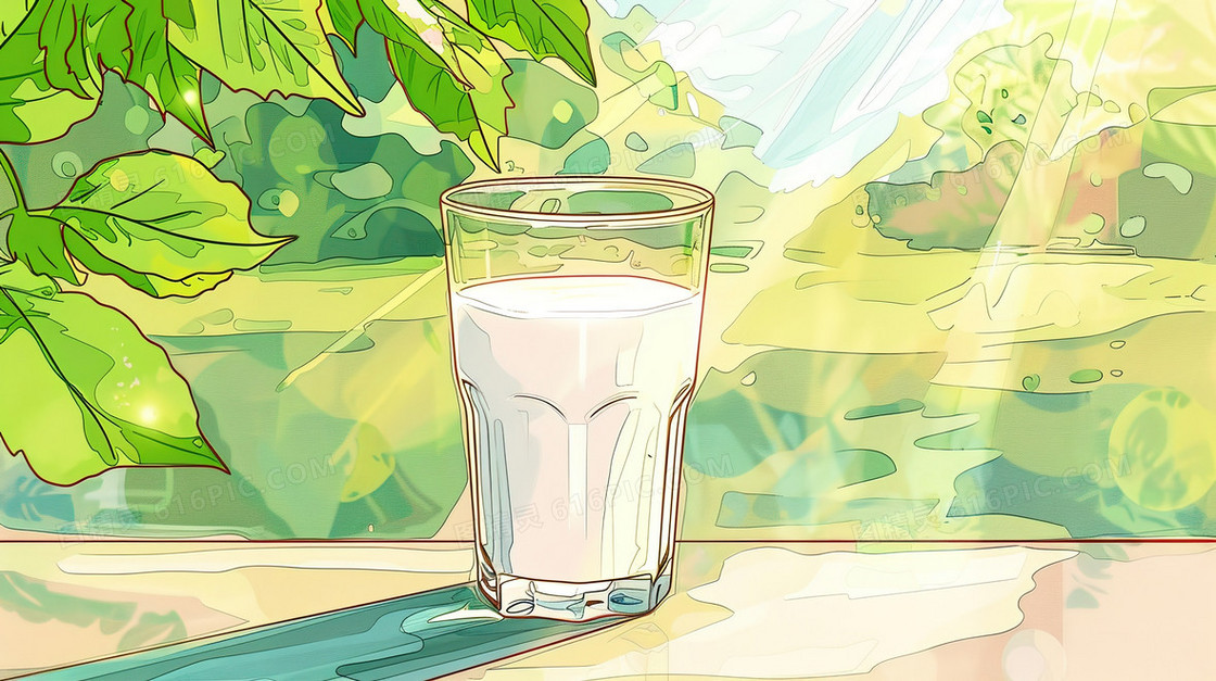 桌面上的一杯早餐牛奶插画