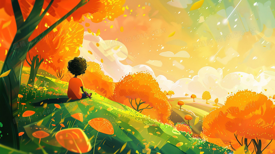 橙色调夏日山野里休息的孩子插画
