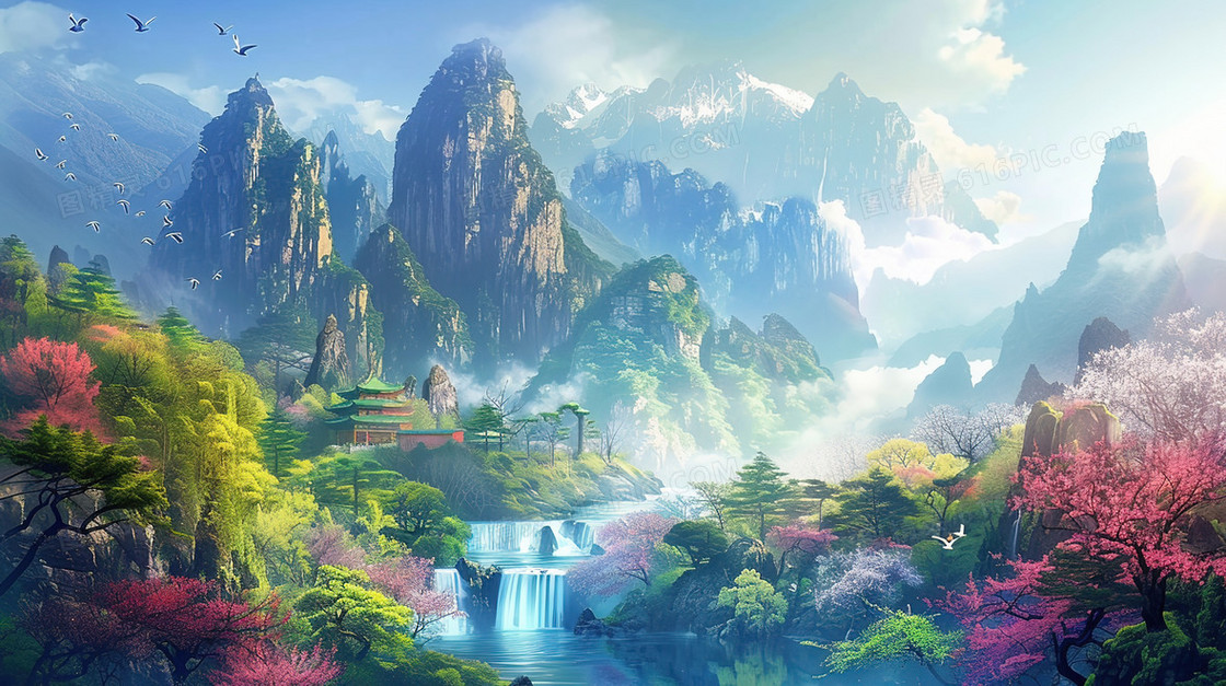 春季山谷河流旁的古建筑插画