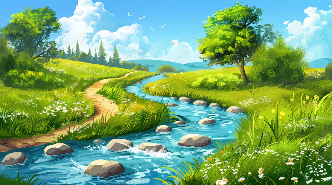 春分卡通蓝天草地森林小溪插画