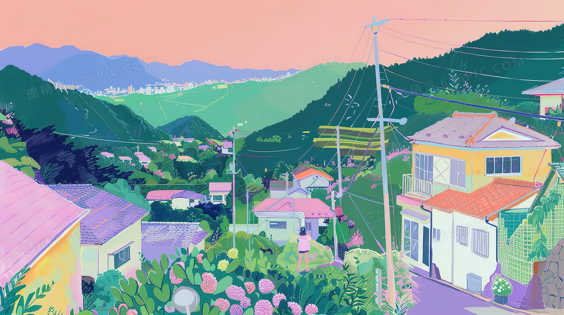 春季鲜花盛开郁郁葱葱的山城插画