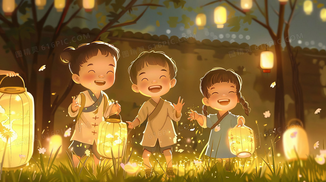 草地上制作灯笼的孩子们插画