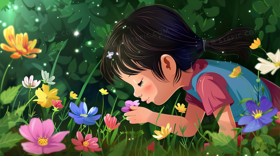 森林里低头闻花香的小女孩插画