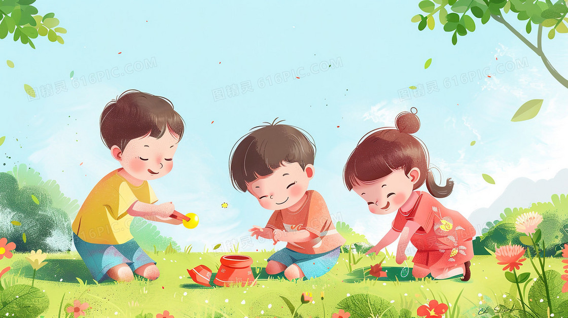 草地上玩小球的孩子们插画