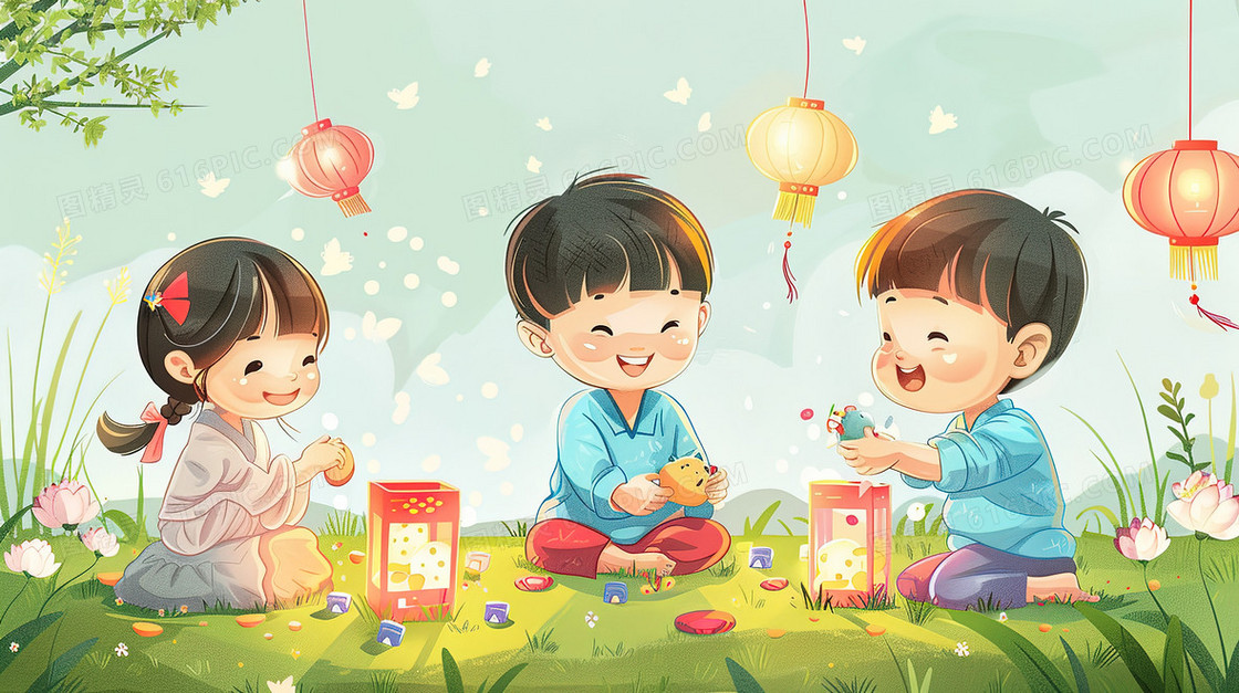 草地上制作灯笼的孩子们插画