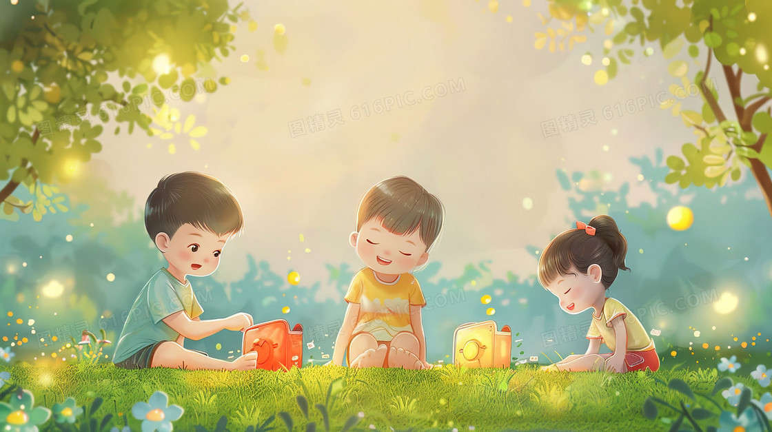 草地上放灯笼的孩子们插画