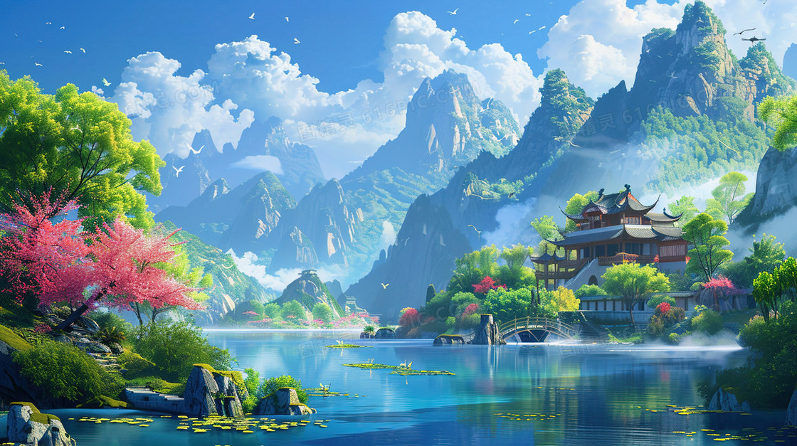 春季山谷河流旁的古建筑插画