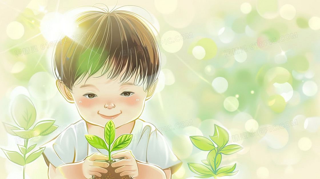 夏日照料树苗的儿童插画