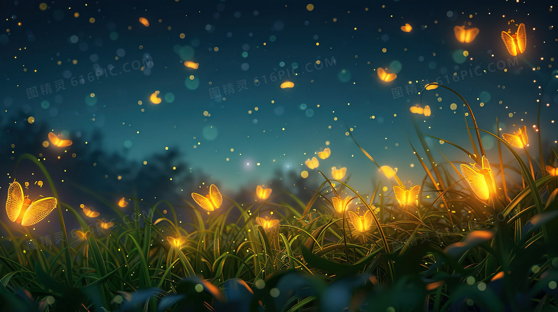 夜间草地上飞舞的萤火虫插画