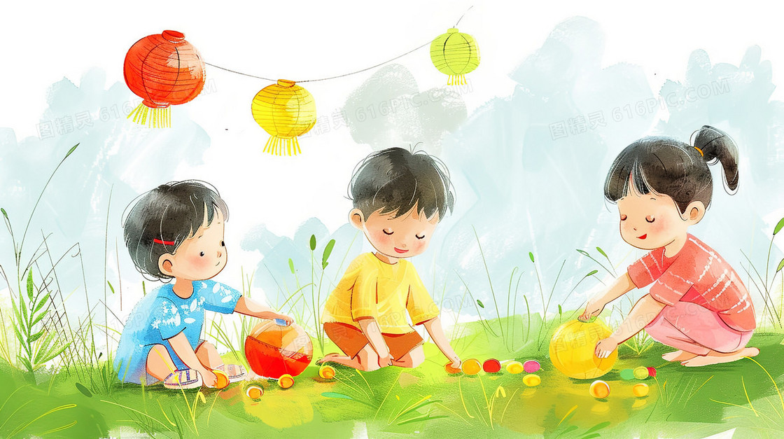 草地上制作灯笼的孩子们插画