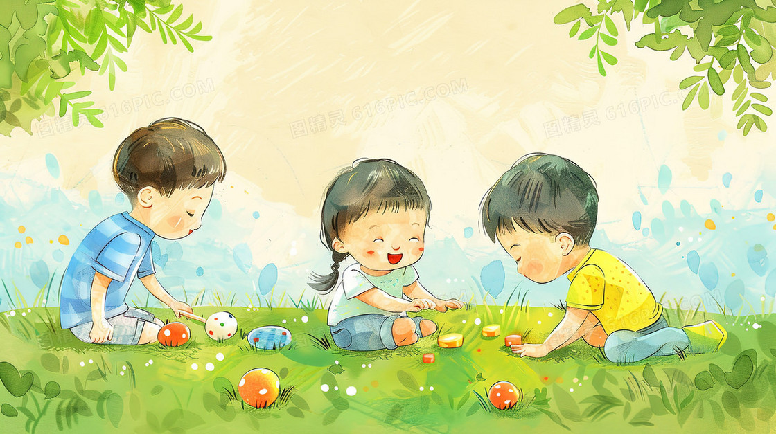 草地上玩小球的孩子们插画